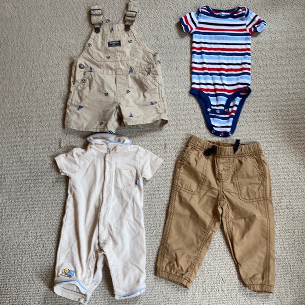 4 items. Body suit. Overalls. Pants. One piece